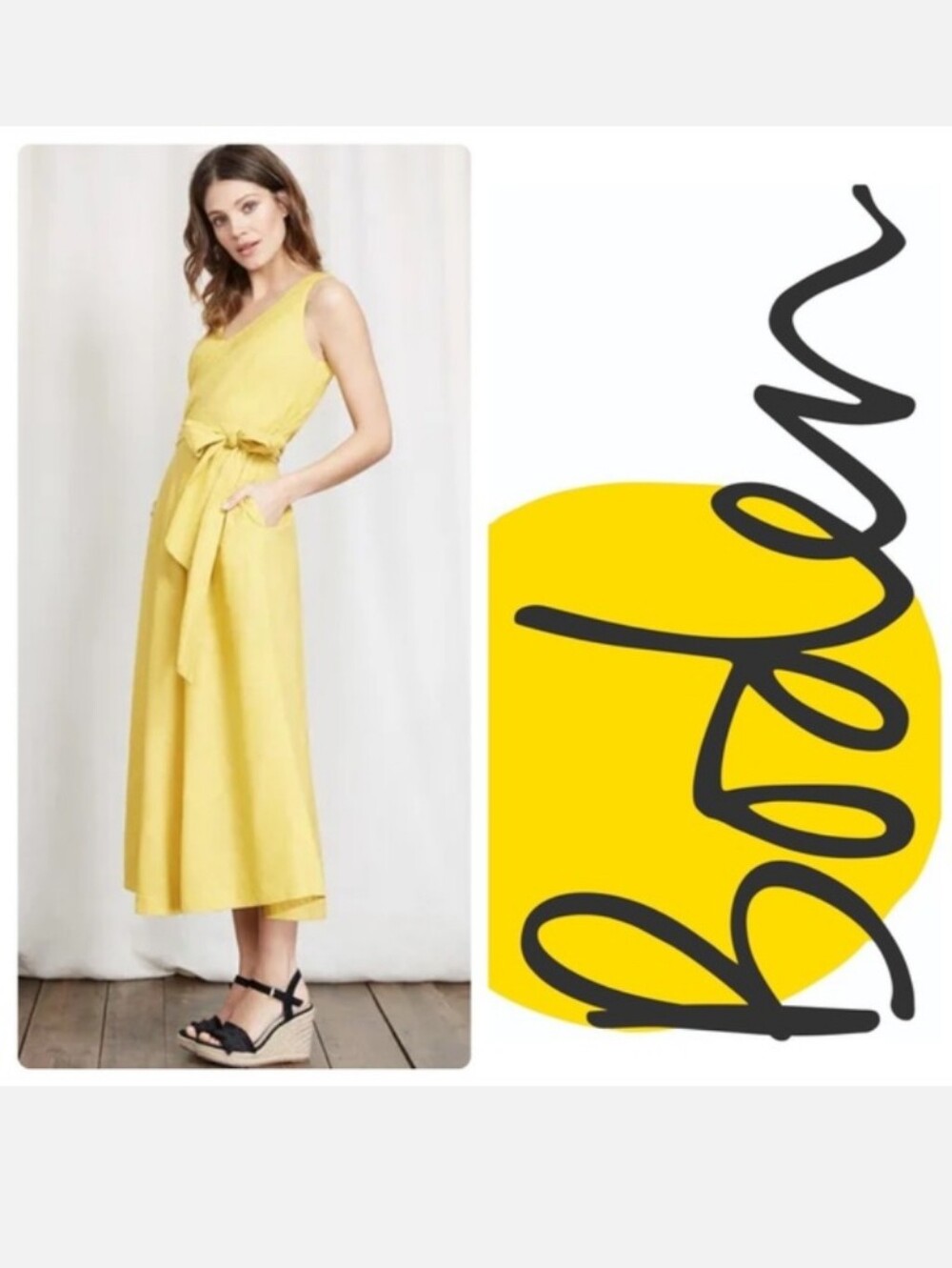 Boden Yellow V-Neck Sleeveless Wrap Midi Linen Dress